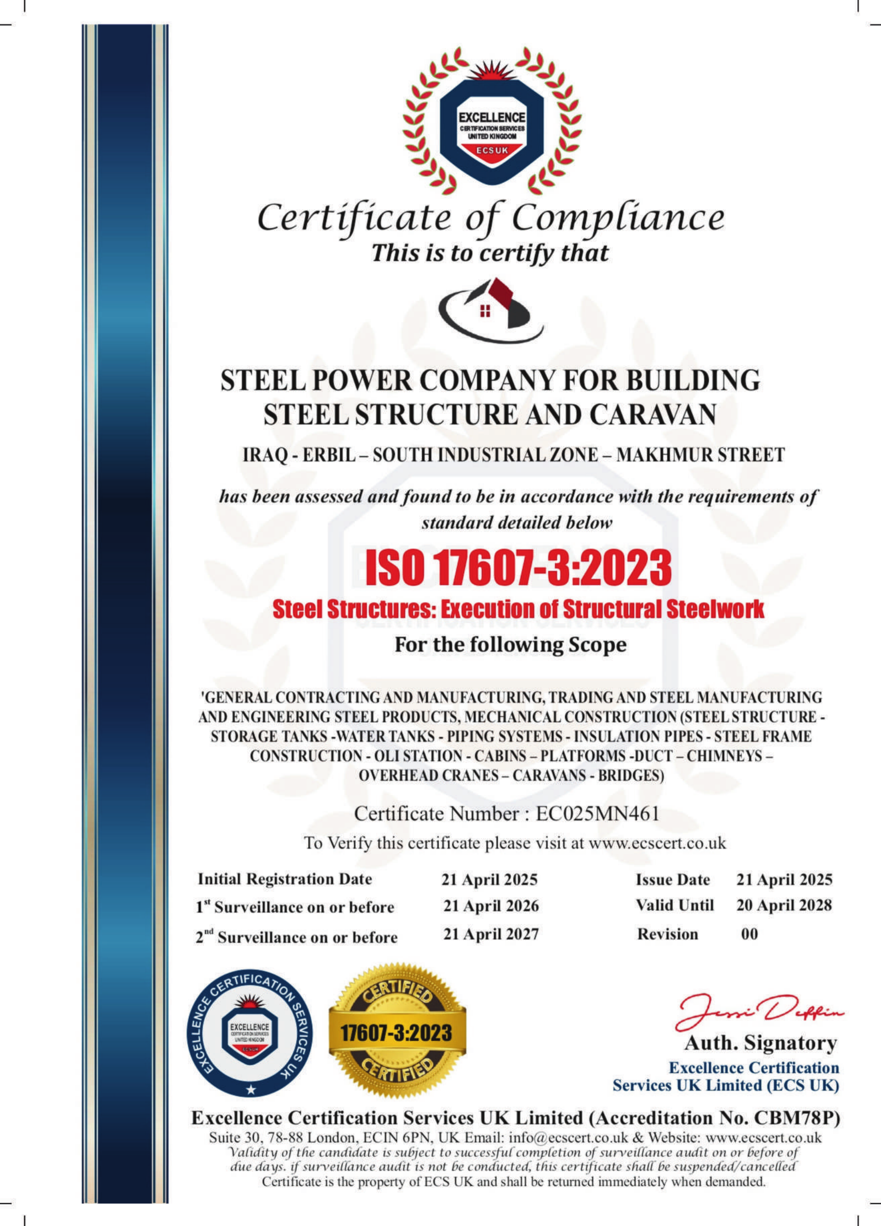 ISO 17607-3:2023 Steel Structure Execution Certificate