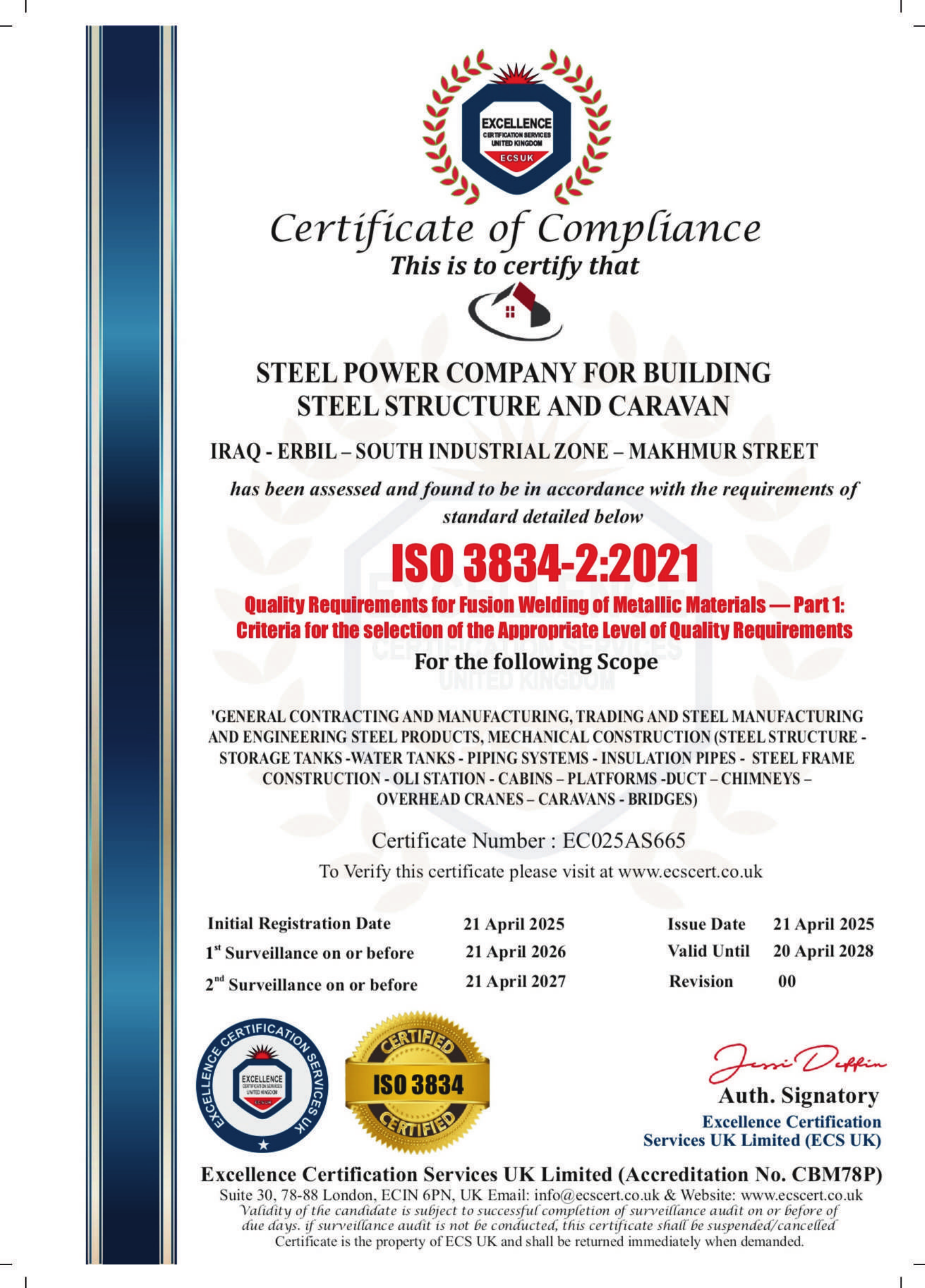 ISO 3834-2:2021 Fusion Welding Quality Certificate